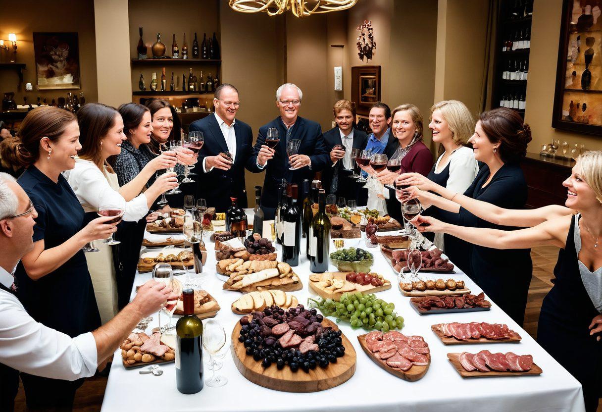 A lively scene at a wine tasting event, showcasing a diverse group of enthusiastic collectors and wine lovers engaging in discussions over wine glasses. Display vibrant bottles of wine and a beautifully arranged table with charcuterie. Include an elegant auction backdrop with excited attendees bidding on rare wines. The ambiance should exude warmth and community, highlighting camaraderie among wine enthusiasts. super-realistic. vibrant colors. intimate setting.