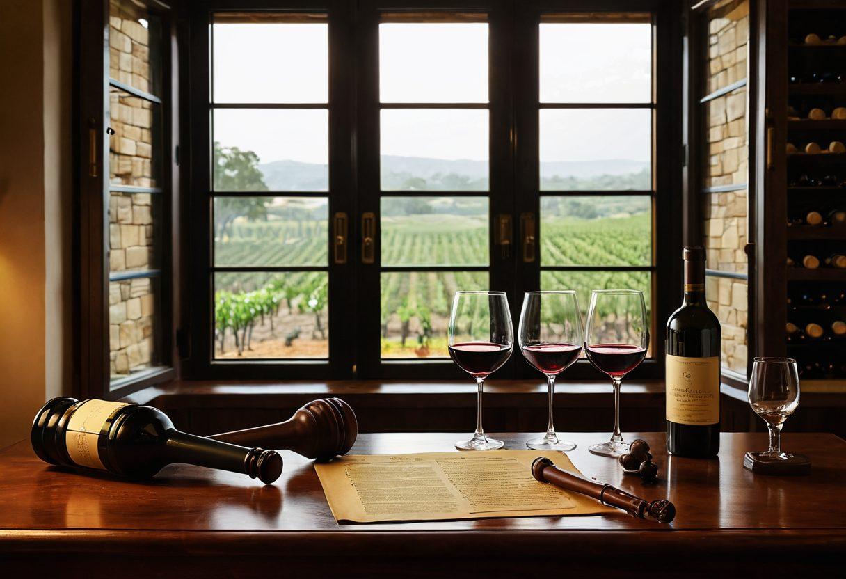 A sophisticated wine cellar filled with elegant bottles, a wooden auction gavel and tasting glass on a polished table, lush vineyards visible through a large window, soft golden lighting enhancing the ambiance, and an open wine guide showing tasting notes. super-realistic. warm tones. inviting atmosphere.