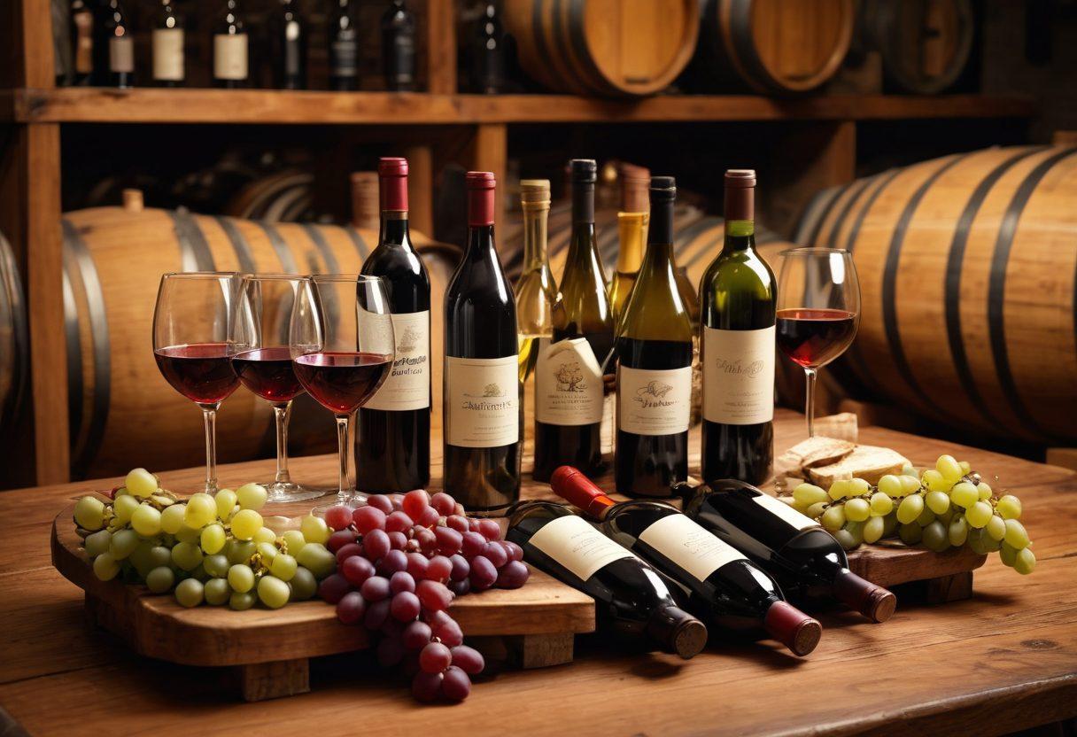 A beautifully arranged rustic wooden table displaying an assortment of vintage wine bottles, each uniquely shaped and labeled, surrounded by wine tasting glasses filled with rich, deep red and golden white wines. In the background, a soft focus of a wine cellar filled with barrels and dim lighting creates a warm atmosphere. Grapes and corks scattered artistically add to the scene. vibrant colors. 3D. super-realistic.